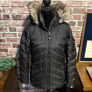 Women's Eddie Bauer Black Puffer Jacket with Faux Fur Hood